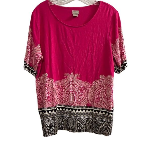 Chico's Women's Pink Damask Tunic Blouse Size 2 Short Sleeve Casual - Picture 1 of 11